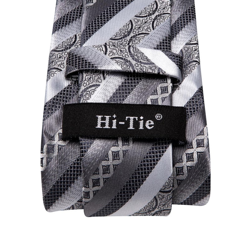 Hi-Tie Silk Ties for Men Plaid Paisley Striped Necktie Pocket Square Cufflinks Set Formal Business,Gray Silver - Image 5
